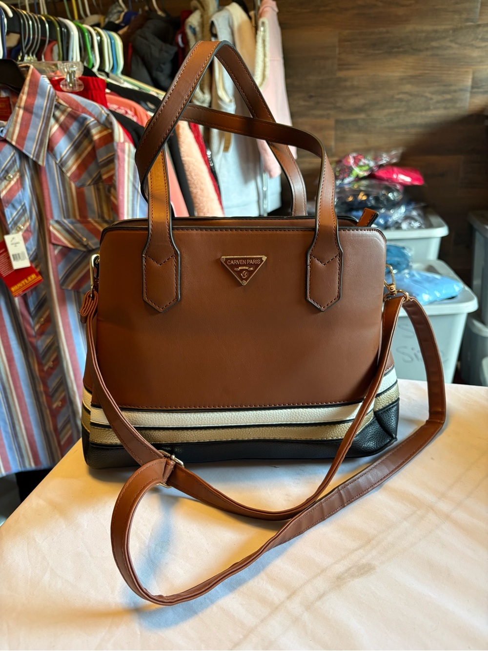 Carven Brown Leather Shoulder Bag with Cream and Black Stripes